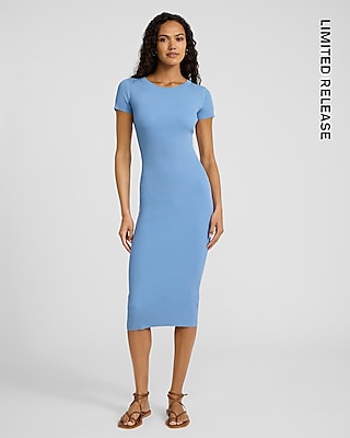 Ribbed Crew Neck Short Sleeve Midi Sheath Dress