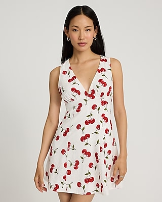 Cherry Print V-Neck Sleeveless Mini Shift Dress