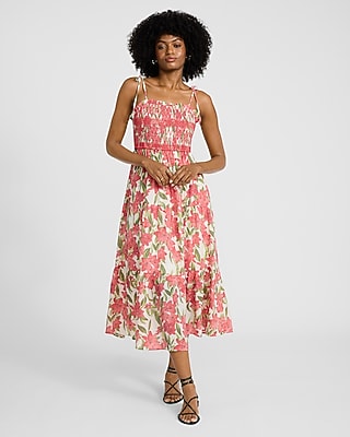 Printed Square Neck Tie Strap Smocked Maxi Dress