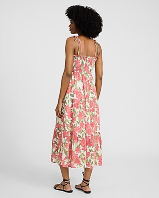 Printed Square Neck Tie Strap Smocked Maxi Dress