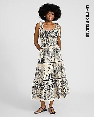 Printed Sweetheart Tie Strap Smocked Maxi Dress