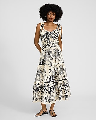 Printed Sweetheart Tie Strap Smocked Maxi Dress