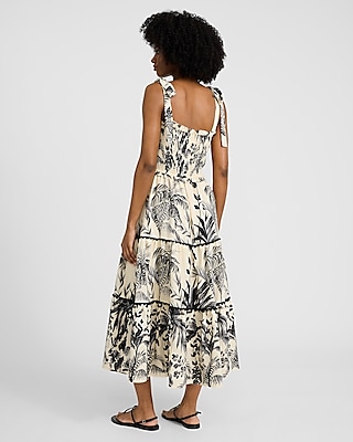 Printed Sweetheart Tie Strap Smocked Maxi Dress