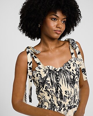 Printed Sweetheart Tie Strap Smocked Maxi Dress