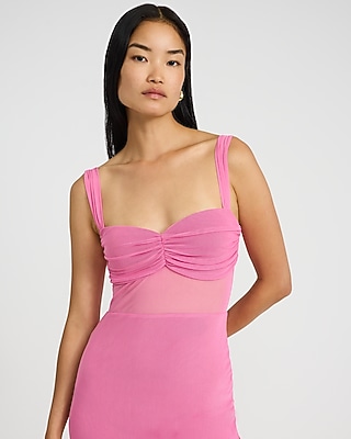 Mesh Ruched Sweetheart Sleeveless Midi Sheath Dress