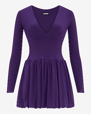 V-Neck Long Sleeve Bubble Hem Mini Dress