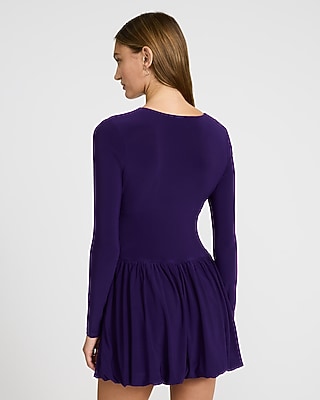 V-Neck Long Sleeve Bubble Hem Mini Dress