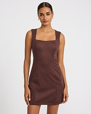 Faux Suede Square Neck Seamed Mini Sheath Dress