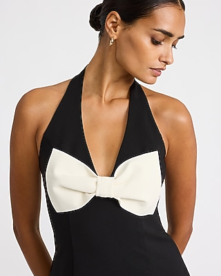 Color Block Halter V-Neck Bow Front Mini Dress