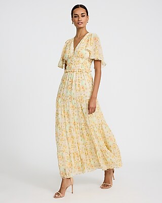 Floral V-neck Flutter Sleeve Smocked Waist Maxi Dress Express