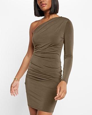 Body Contour One Shoulder Ruched Mini Dress With Built-In Shapewear