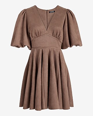 Suede V-neck Puff Sleeve Mini Dress | Express