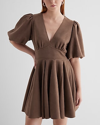 deep v neck puff sleeve dress Antonella Satin Wedding Dress: Puff Sleeves, V-Neck, Floor Length