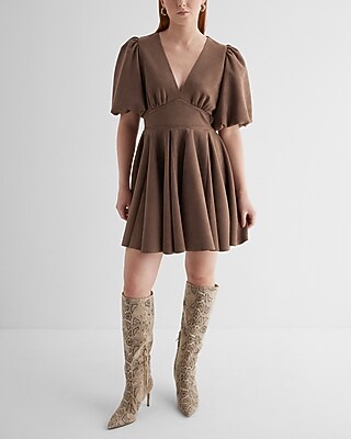 brown puff sleeve mini dress Betsy Solid Short Puff Sleeve Zip Front Mini Dress