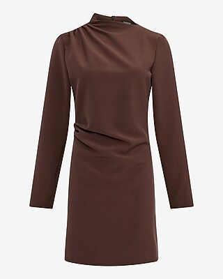 Asymmetrical Mock Neck Long Sleeve Draped Mini Dress