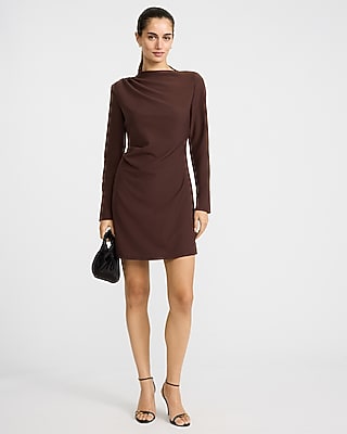 Asymmetrical Mock Neck Long Sleeve Draped Mini Dress