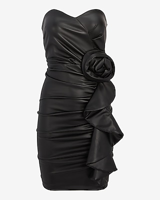 Faux Leather Strapless Rose Ruffle Mini Sheath Dress