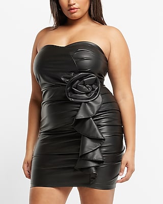 Faux Leather Strapless Rose Ruffle Mini Sheath Dress