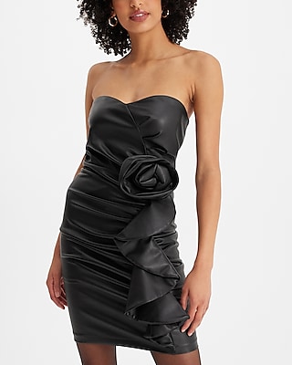 Faux Leather Strapless Rose Ruffle Mini Sheath Dress
