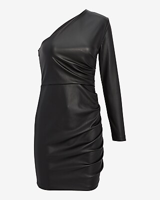 Faux Leather One Shoulder Pleated Mini Sheath Dress | Express