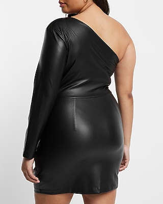 Faux Leather One Shoulder Pleated Mini Sheath Dress | Express