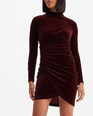 Velvet Body Contour Mock Neck Ruched Mini Dress | Express