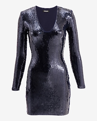 LONG SLV V NECK SEQUIN SHEATH - 9417614:PITCH BLACK:XS