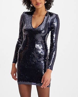 LONG SLV V NECK SEQUIN SHEATH - 9417614:PITCH BLACK:XS
