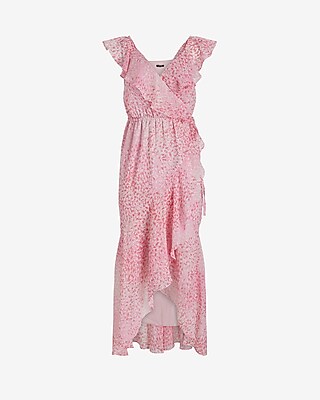 Printed V-Neck Flutter Sleeve Ruffle Surplice Maxi Dress