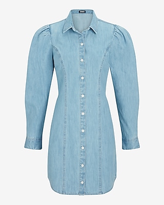 Denim Puff Sleeve Button Front Mini Shirt Dress