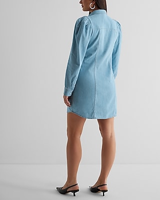 Denim Puff Sleeve Button Front Mini Shirt Dress