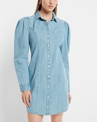 Denim Puff Sleeve Button Front Mini Shirt Dress