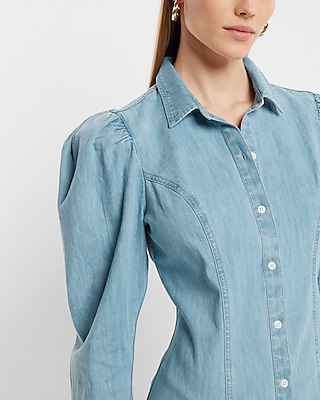 Denim Puff Sleeve Button Front Mini Shirt Dress