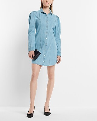Denim Puff Sleeve Button Front Mini Shirt Dress