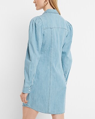Denim Puff Sleeve Button Front Mini Shirt Dress