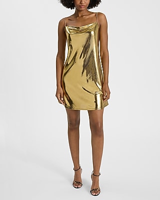 Metallic Foil Sleeveless Cowl Neck Mini Slip Dress | Express