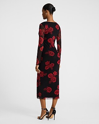 Floral Mesh Crew Neck Long Sleeve Midi Dress | Express
