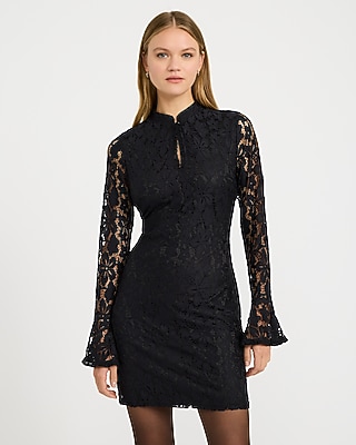 Lace Mock Neck Keyhole Bell Sleeve Mini Dress