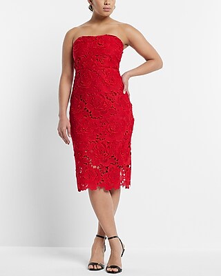 Allover Lace Strapless Midi Sheath Dress