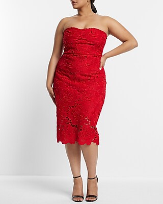 Allover Lace Strapless Midi Sheath Dress