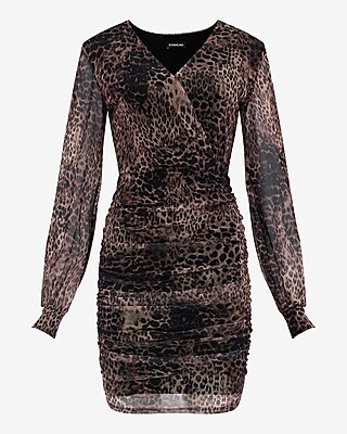 Leopard V-Neck Mesh Long Sleeve Ruched Wrapped Mini Dress - image 4