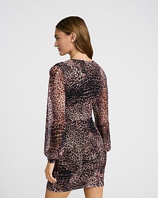 Leopard V-Neck Mesh Long Sleeve Ruched Wrapped Mini Dress - image 2