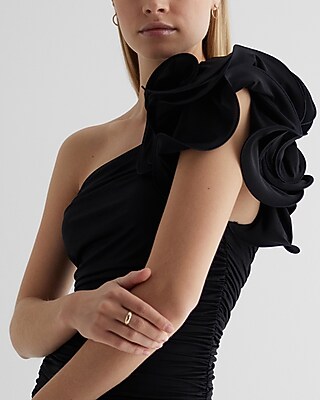 Body Contour One Shoulder Rosette Mini Dress | Express