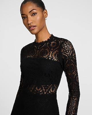 Lace Pieced Crew Neck Long Sleeve Midi Dress - image 2