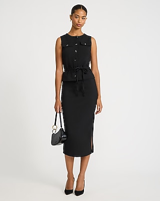 Sleeveless Button Front Tie Waist Midi Dress