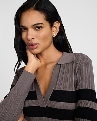 Striped Collared Long Sleeve Midi Sweater Dress | Express