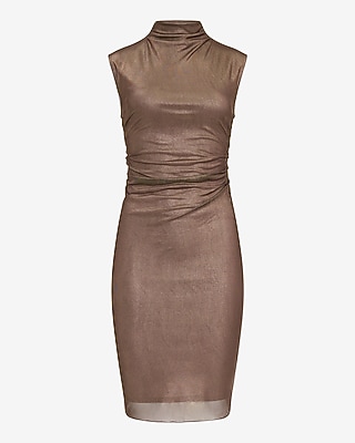 Shine Foil Mock Neck Sleeveless Ruched Midi Dress