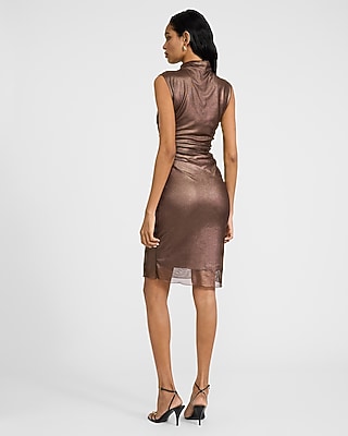 Shine Foil Mock Neck Sleeveless Ruched Midi Dress