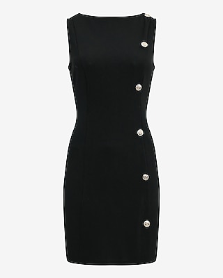 Boat Neck Sleeveless Asymmetrical Novelty Button Mini Dress