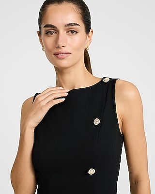 Boat Neck Sleeveless Asymmetrical Novelty Button Mini Dress